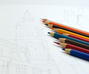 Buildings pencil sketch with color pencils