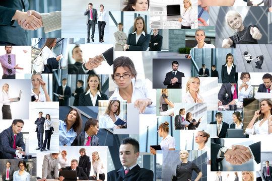 A large collage of business images with people in formal clothes