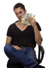 Man sit on chair and hold money