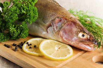 Pike perch on a wooden kitchen board, it is isolated on white