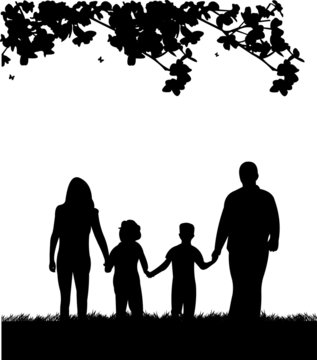 Family walking in park in spring silhouette