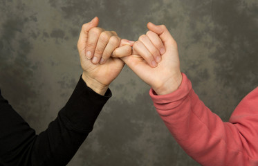 Closeup of mother and daughter holding pinkie fingers