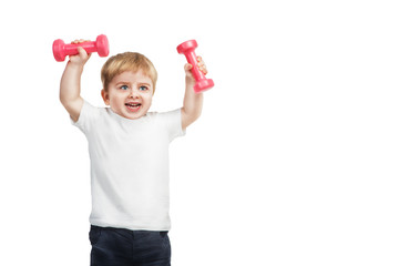 little 2 year boy with pink dumbbells