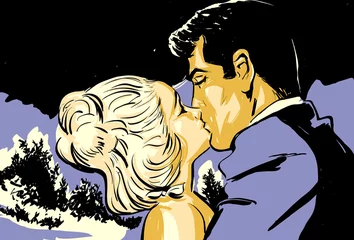 Cercles muraux Des bandes dessinées croquis jeune couple homme et femme baiser amoureux