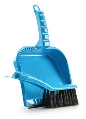 Small plastic broom and shovel isolated on white