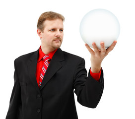 Man holding placeholder globe in his hand