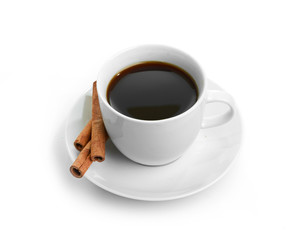 cup coffee with cinnamon isolated on white background