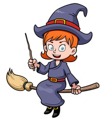 illustration of cartoon witch flying on a broomstick
