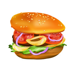 Hamburger with tomato, lettuce, onion and meat. Vector
