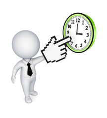 Small person pointing to clock.