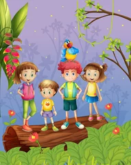 Poster Kinder mit einem bunten Papagei im Wald © GraphicsRF