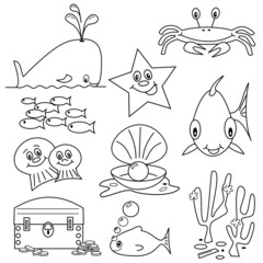Selection of sea life clipart cartoons for colouring book