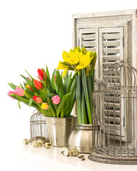 home decoration with fresh flowers and easter eggs