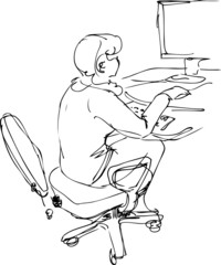 a sketch a girl sits and works at the computer