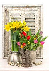 home decoration with fresh spring flowers and easter eggs