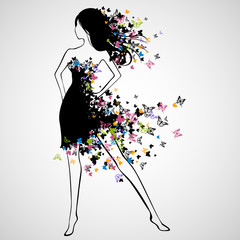 Vector Illustration of Beautiful Woman with Butterfly Dress