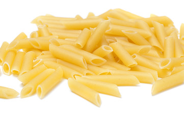 Some raw penne macaroni isolated on white background