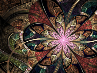 Colorful floral stained glass, digital fractal art illustration - obrazy, fototapety, plakaty