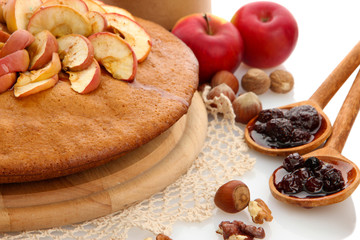 Fototapeta premium tasty homemade pie, apples and jam, isolated on white