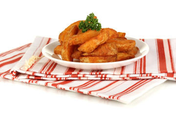 Appetizing village potatoes on plate isolated on white