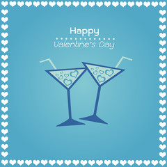 happy valentines day blue color cards with hearts wine glass