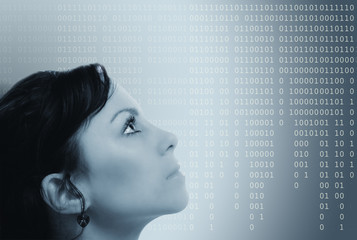 young woman is looking at the binary code