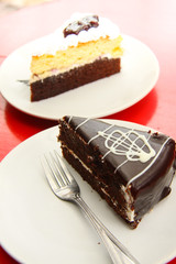 Chocolate cake, sweet dessert.
