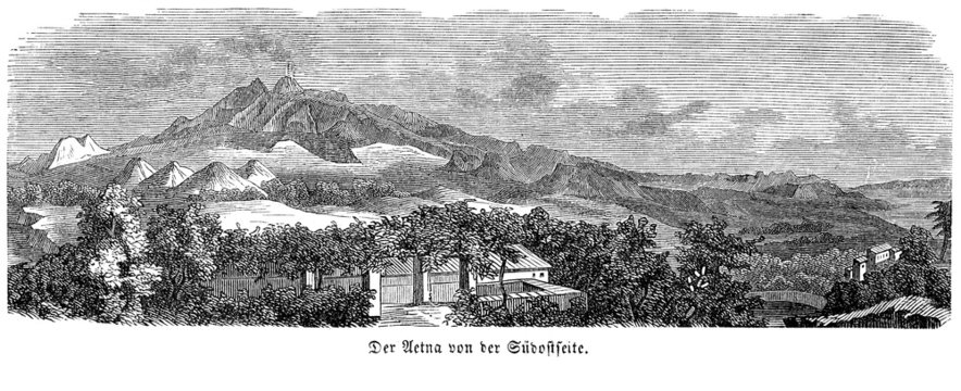 Ansicht des &Auml;tna/ Etna/ Mongibello, Vulkan, Insel Sizilien, Italien, Europa, im 19. Jahrhundert (Alte Lithographie)