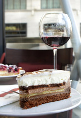 Red wine and tiramisu in Parisian cafe