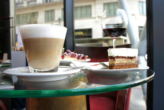 Latte and tiramisu in Parisian cafe