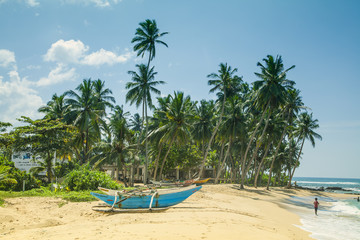 Blauer Katamaran an der Küste von Sri Lanka