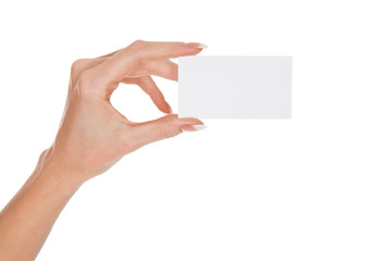 Obraz premium woman hand holding an empty card, white background