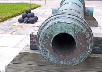 Canon and cannonballs, in a fort, overcast day
