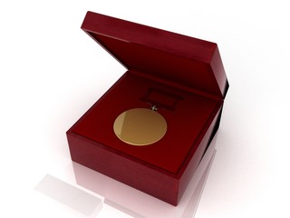 Golden medal in red gift box