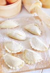 close-up of raw vareniks, traditional ukrainian food