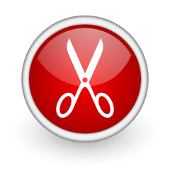 scissors red circle web icon on white background