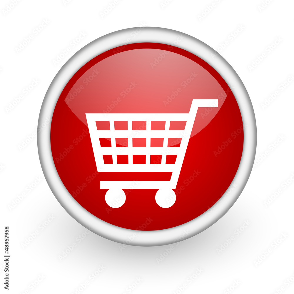Aufkleber shopping cart red circle web icon on white background