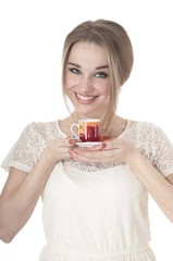 Portrait of beautiful sexy woman with red cup.   Valentines
