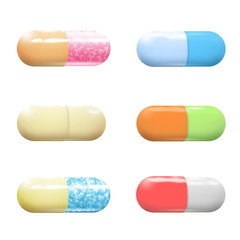 Collection of colorful pills. Vector design. 
