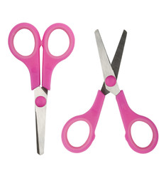 Pink scissors, open and closed on white. Clipping path included.
