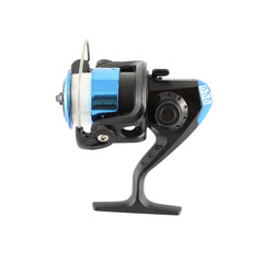 Side of blue fishing reel with line on white background.
