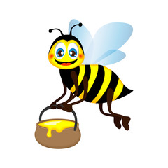 Cute bright funny bee carrying a jar of honey