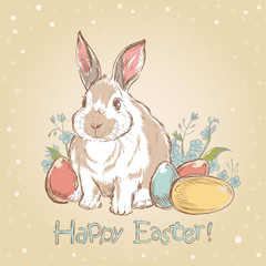 Easter bunny retro card with hand drawn painted eggs