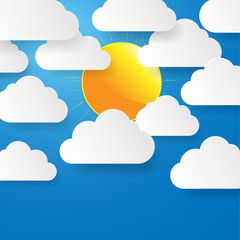 Blue sky with paper clouds and sun. Vector illustration. 