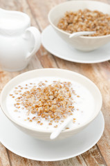 Boiled buckwheat with milk in a white bowl vertical