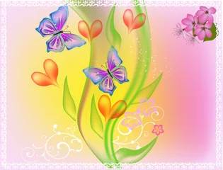 Photo sur Plexiglas Papillon composition avec coeurs et papillons bleus
