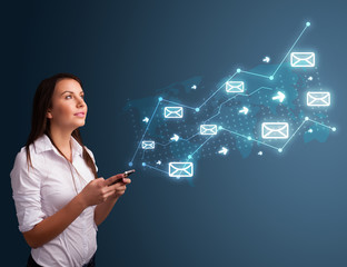 Young lady holding a phone with arrows and message icons