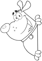 Outlined Fat Dog Looking Around A Blank Sign