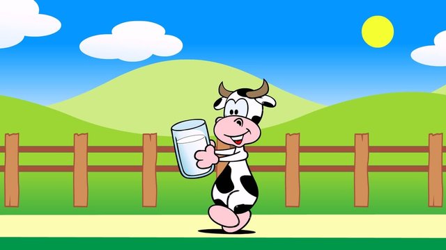 Cow running with a glass of milk