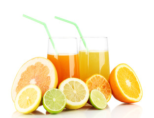 Lots ripe citrus with juices isolated on white
